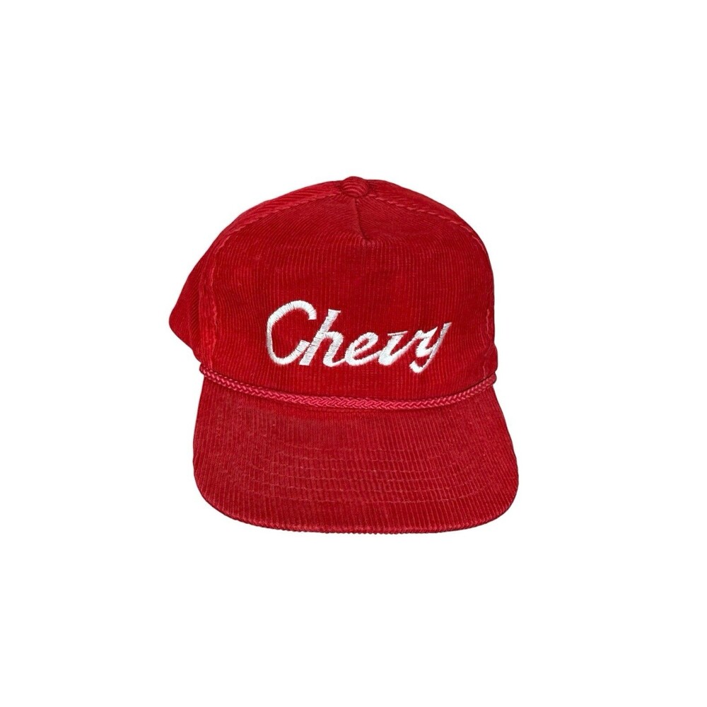Vintage 80s Chevy Script Corduroy Rope Hat Red Made In Korea YoungAn Trucker Cap